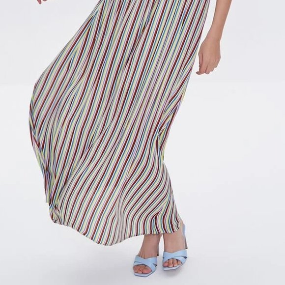 Forever 21 Muted Carnival Vertical Striped Maxi Dress Crochet Straps Size Medium - Picture 2 of 5